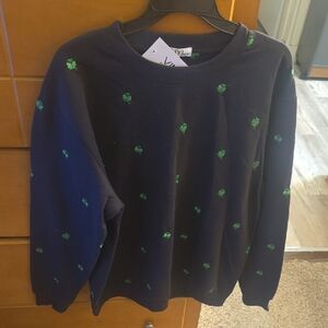 Vinyl Icons  Ladies Black Sweater with Green 4 Leaf Clovers